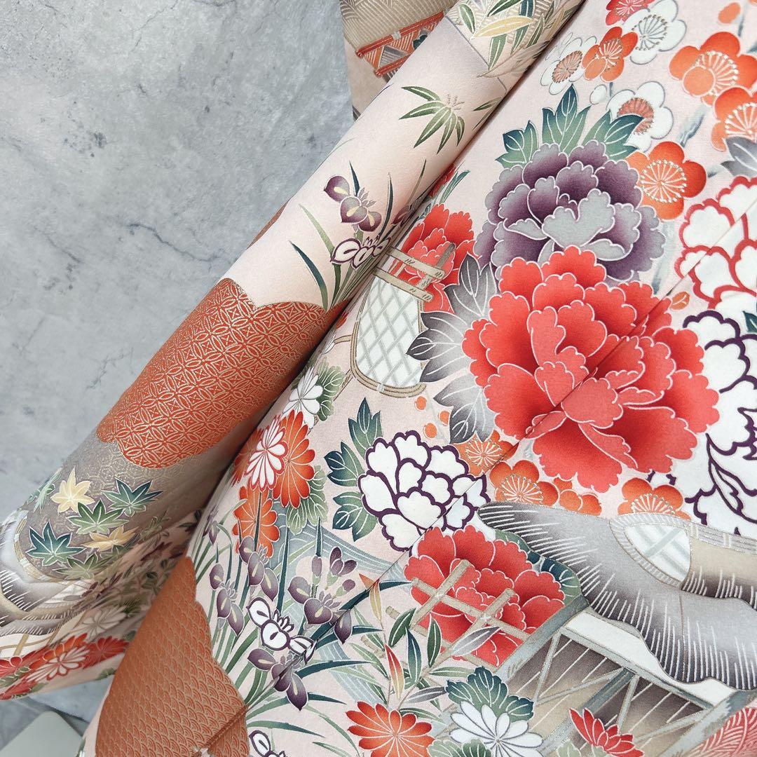 振袖フルセット　正絹　古典柄　難あり　ピンクベージュ　可愛い　m4