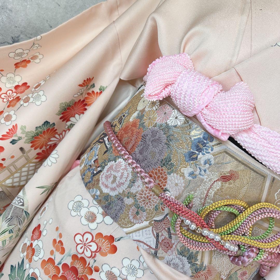 振袖フルセット　正絹　古典柄　難あり　ピンクベージュ　可愛い　m4