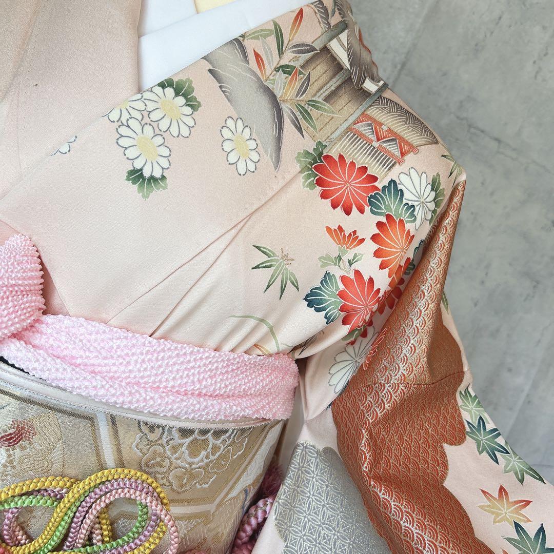 振袖フルセット　正絹　古典柄　難あり　ピンクベージュ　可愛い　m4