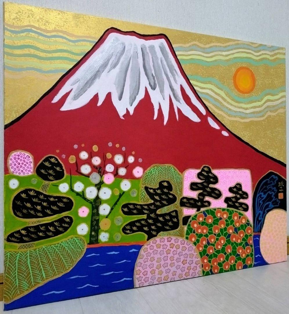 【F20号】片岡球子【めで多き富士】手描き/表裏サイン/油彩/絵画/額縁/額装