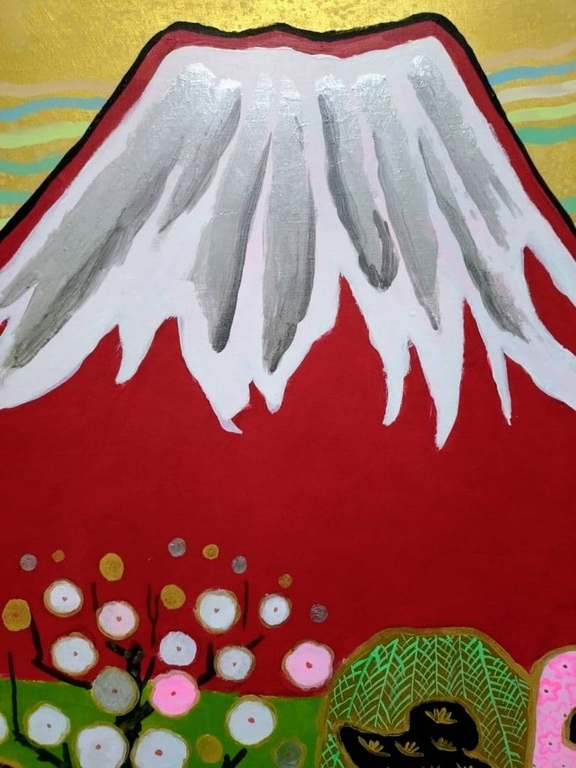 【F20号】片岡球子【めで多き富士】手描き/表裏サイン/油彩/絵画/額縁/額装