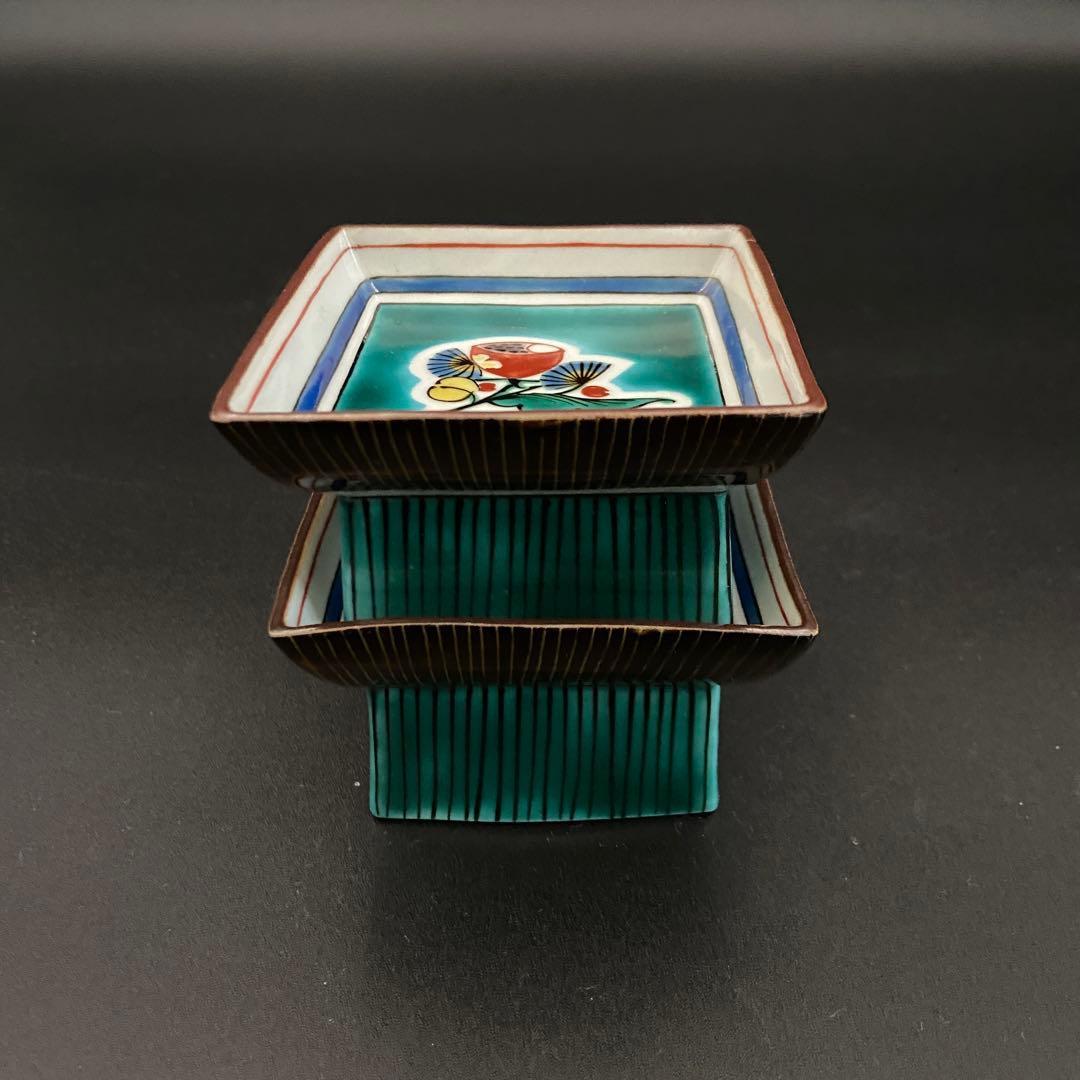 九谷焼 色絵 高台付小皿 角皿 2客 7cm 珍味入 日本料理 料亭 割烹 懐石