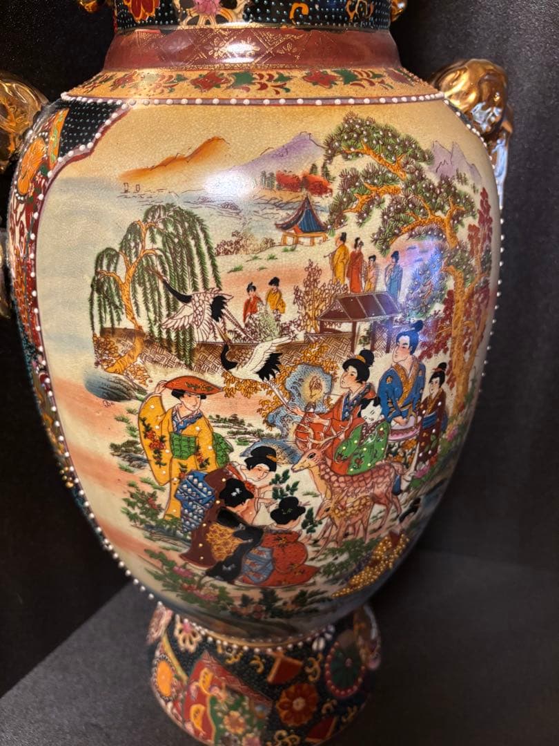 薩摩焼 大壺 着物美人画 騎馬武将 金彩色絵 青粒花瓶