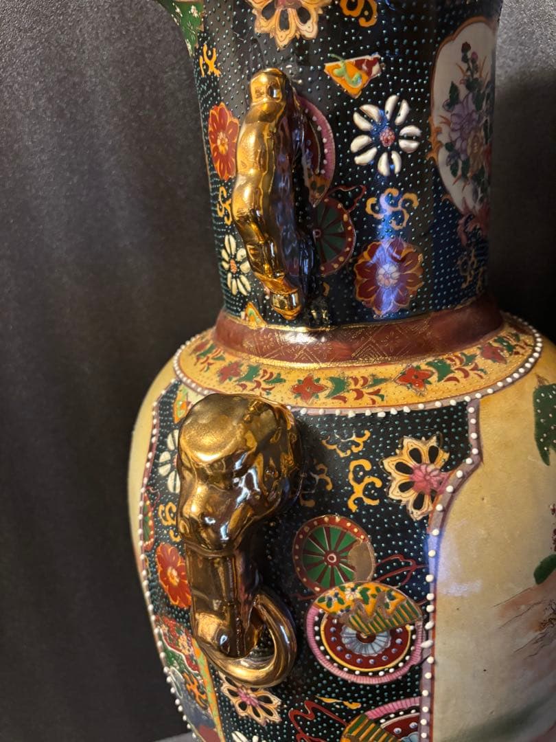 薩摩焼 大壺 着物美人画 騎馬武将 金彩色絵 青粒花瓶