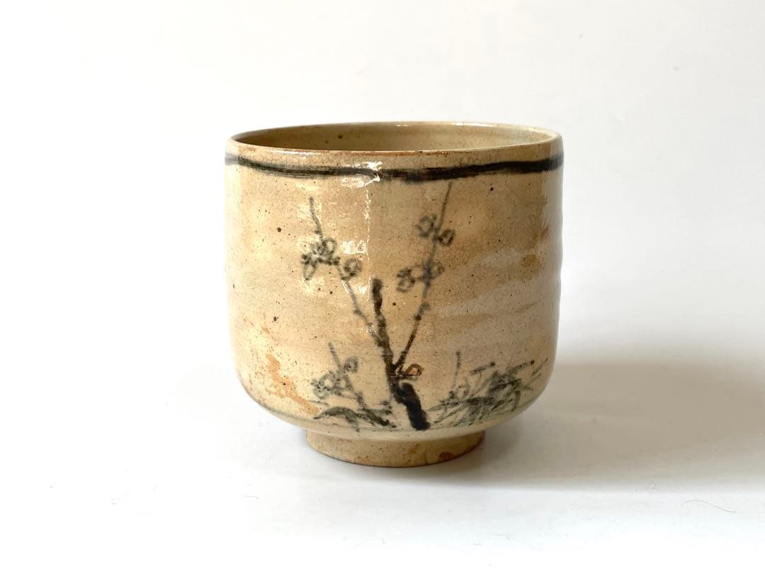 骨董　アンティーク　松竹梅　筒茶碗　鉄絵　京焼　志賀焼　仁清　箱付き