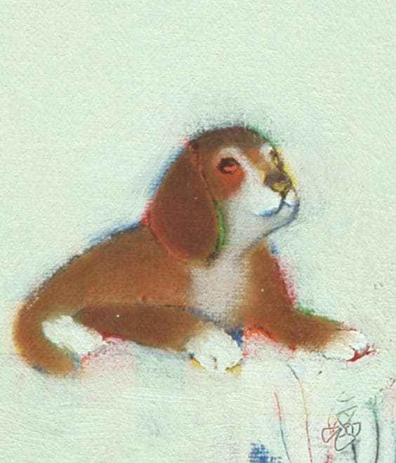 油絵 菅家令子 絵 絵画インテリア 額付(黒) F4-072319 子犬と女の子