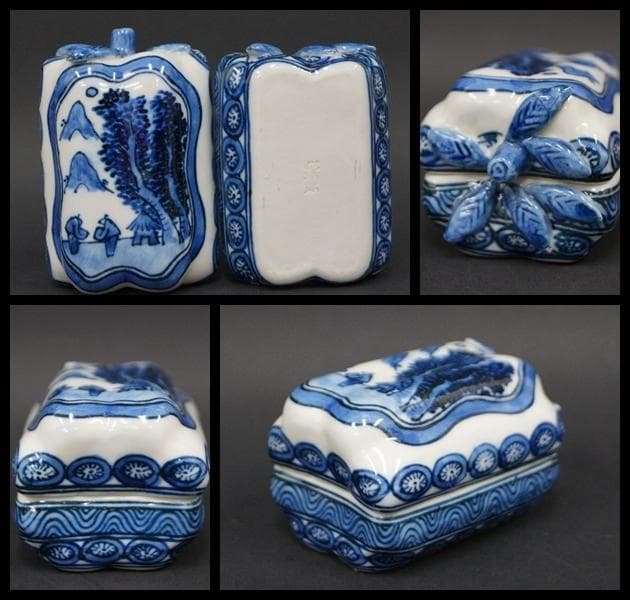 昭阿弥造 染付『山風景人物文』横瓜香合 染付香合 箱付 / 香道具 茶道具