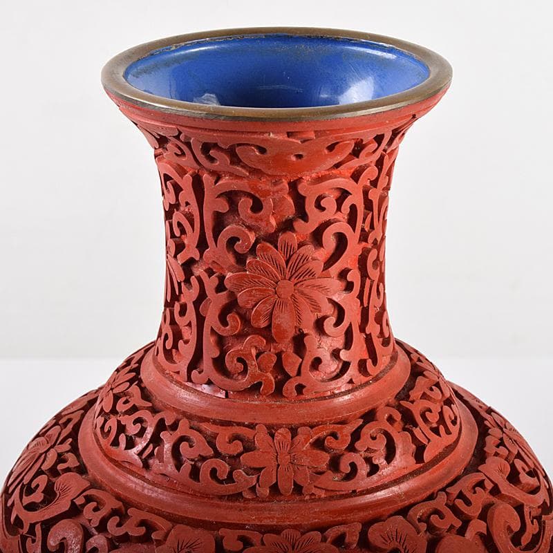 中国　剔紅　堆朱　内七宝　花文瓶　高さ約30㎝　唐木台付　一對　F　R7851B