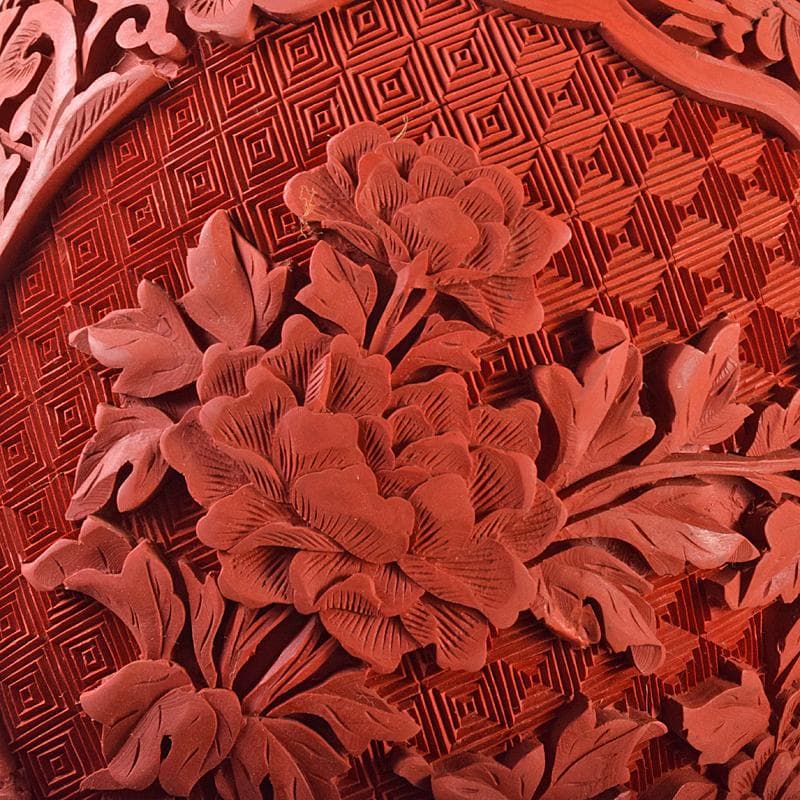 中国　剔紅　堆朱　内七宝　花文瓶　高さ約30㎝　唐木台付　一對　F　R7851B