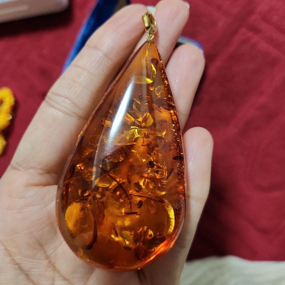 K18刻印入り琥珀ティアドロップペンダントトップ、