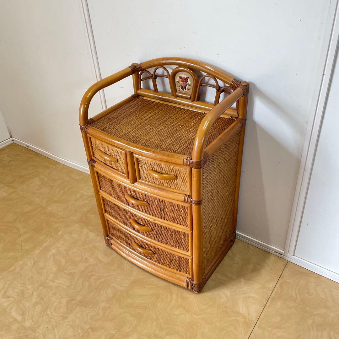 籐 ラタン 4段チェスト 引き出し 収納 タンス 箪笥 電話台 ビンテージ