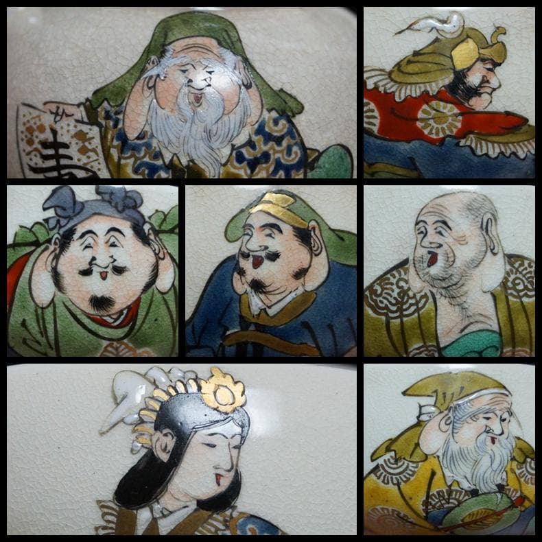 明治期 京薩摩金彩色絵『七福神』急須/湯冷まし/煎茶碗(五客) 素晴らしい絵付け