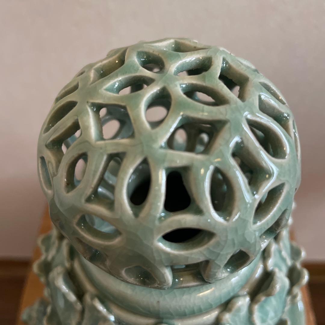 海青造 青磁蓮香炉 透し火屋七宝文 三兎台 ★時代物★