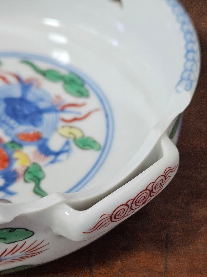 上作品❗】 中国古美術古陶磁器　清代　倣明代萬暦年製　五彩　雲龍図　手付透造　鉢