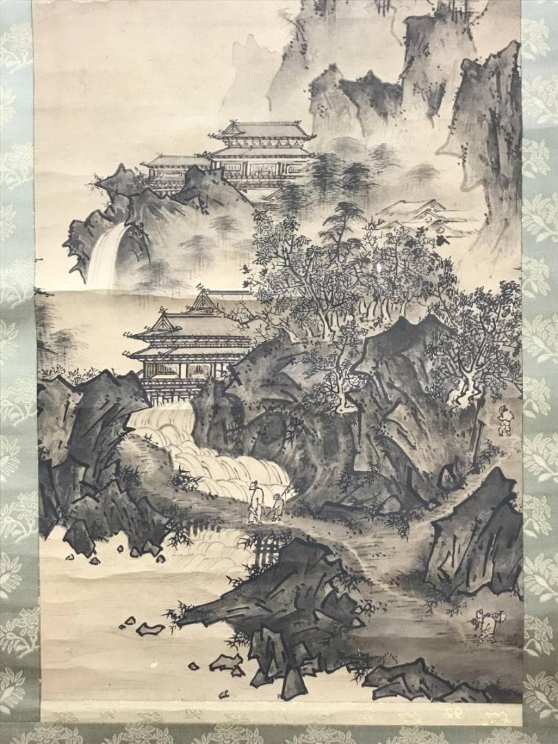 【模写】雪村/秋冬楼閣山水図/山水図/人物図/双幅/掛軸/名家伝来/AC-533