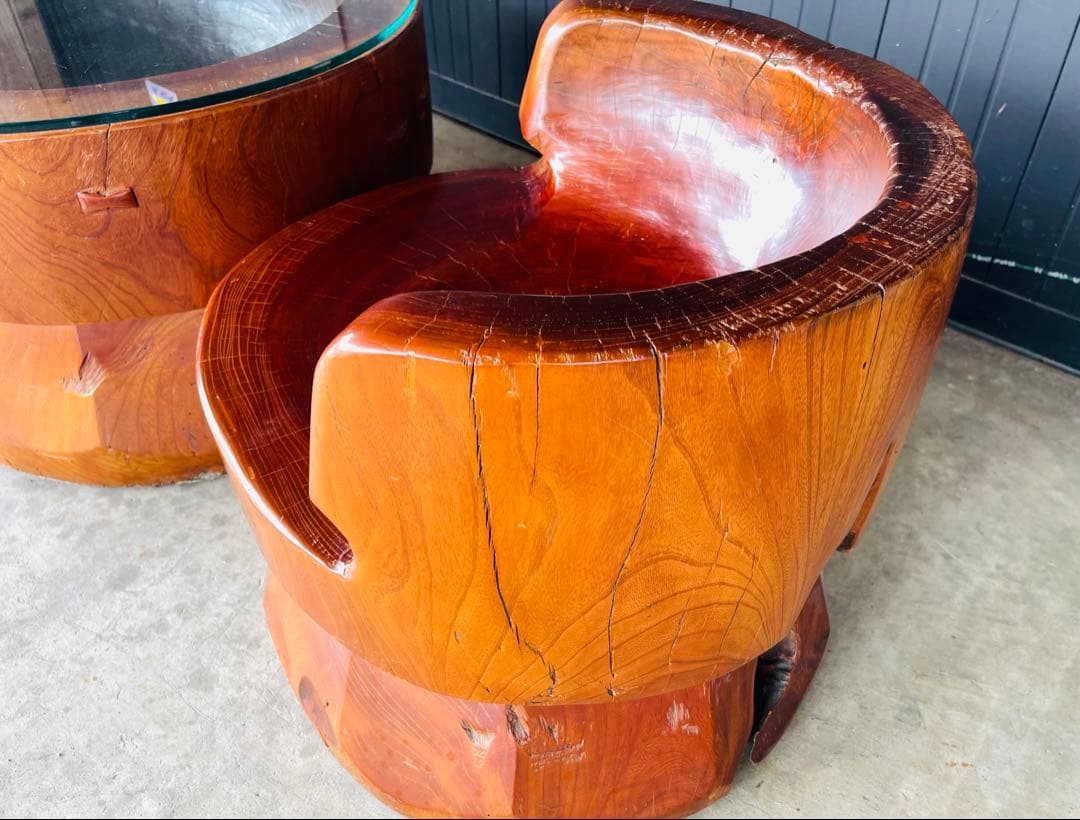 臼　ケヤキ　テーブル　イス　3点セット　古民家