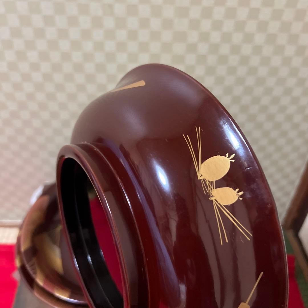 古美術　輪島塗　溜色沈金三つ組丼　木製　大正十年