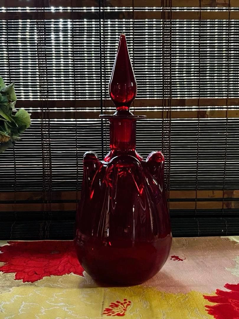 骨董　時代ガラス　銅赤被せガラス　古作　水差し　デカンタ カラフェ