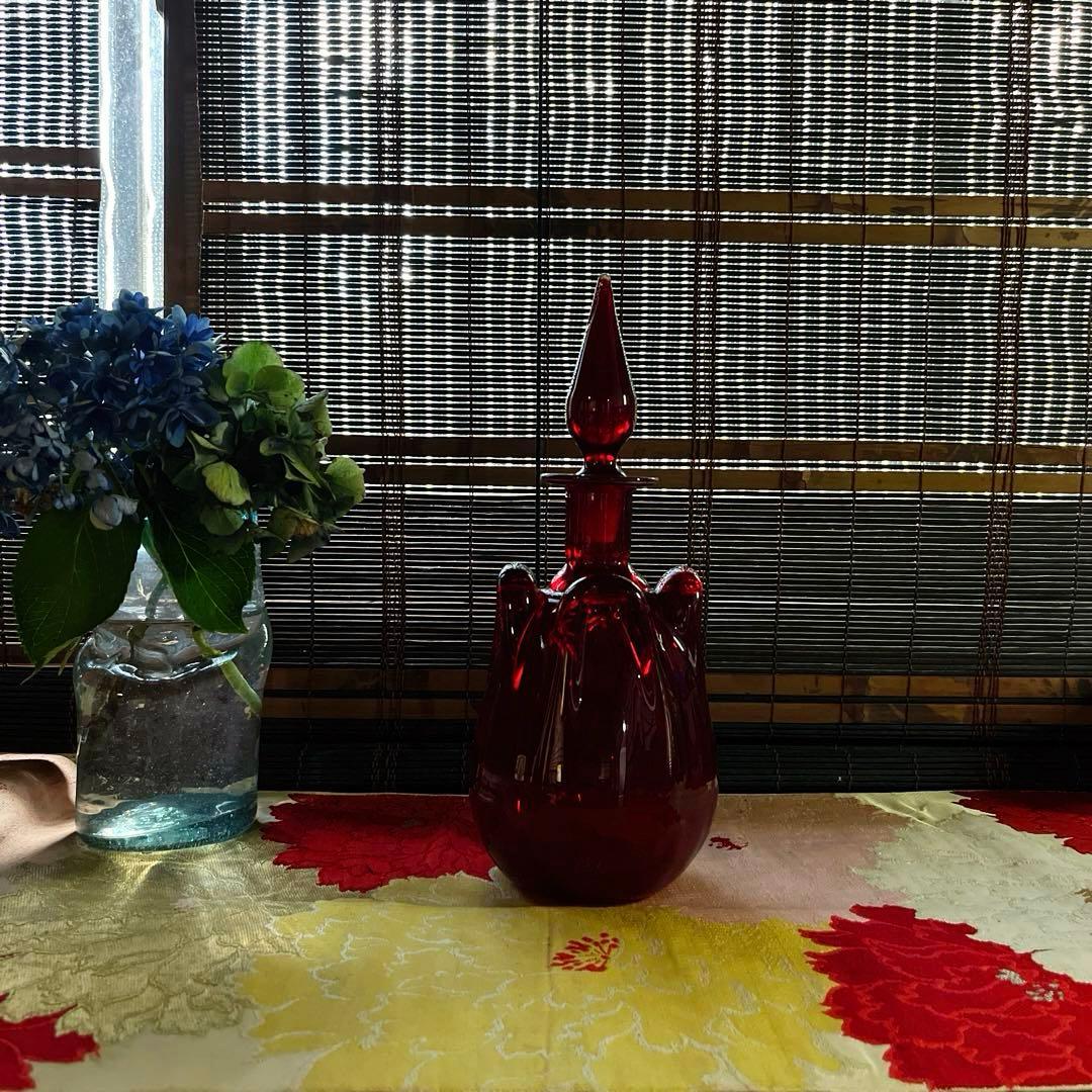 骨董　時代ガラス　銅赤被せガラス　古作　水差し　デカンタ カラフェ