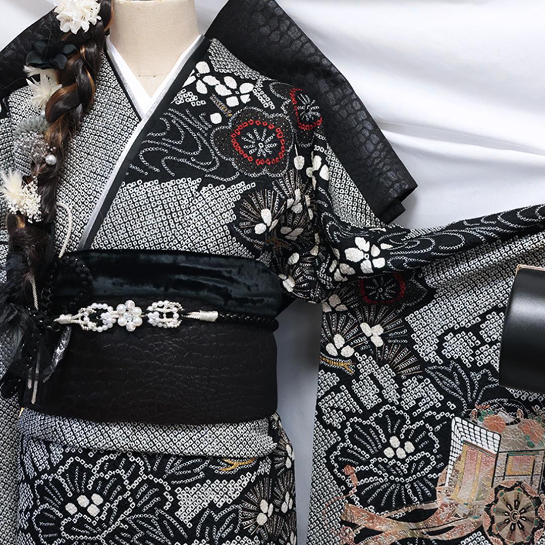 総絞り◆ 振袖6点セット ◆丈165cm成人式正絹黒ブラックフルセットMb34