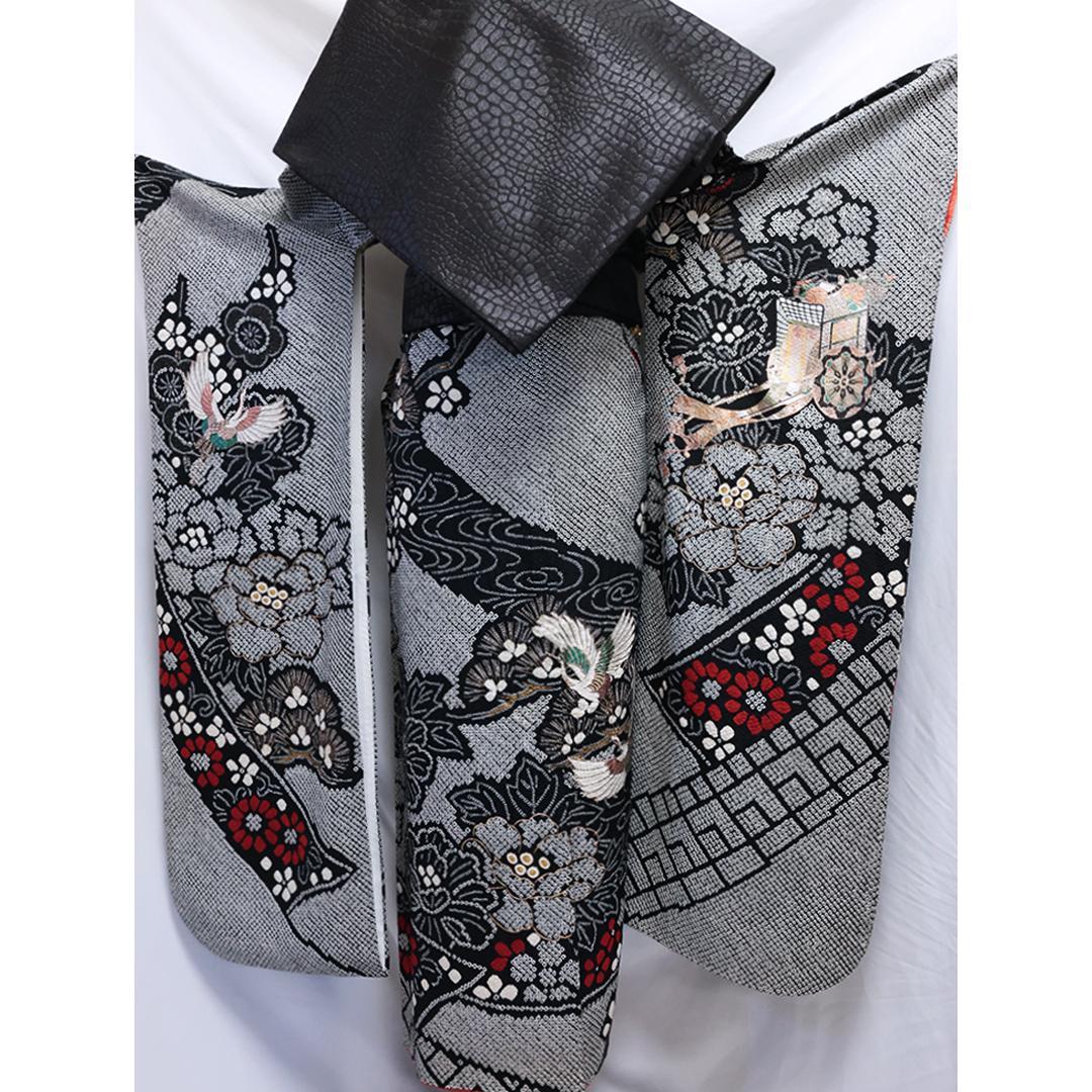 総絞り◆ 振袖6点セット ◆丈165cm成人式正絹黒ブラックフルセットMb34