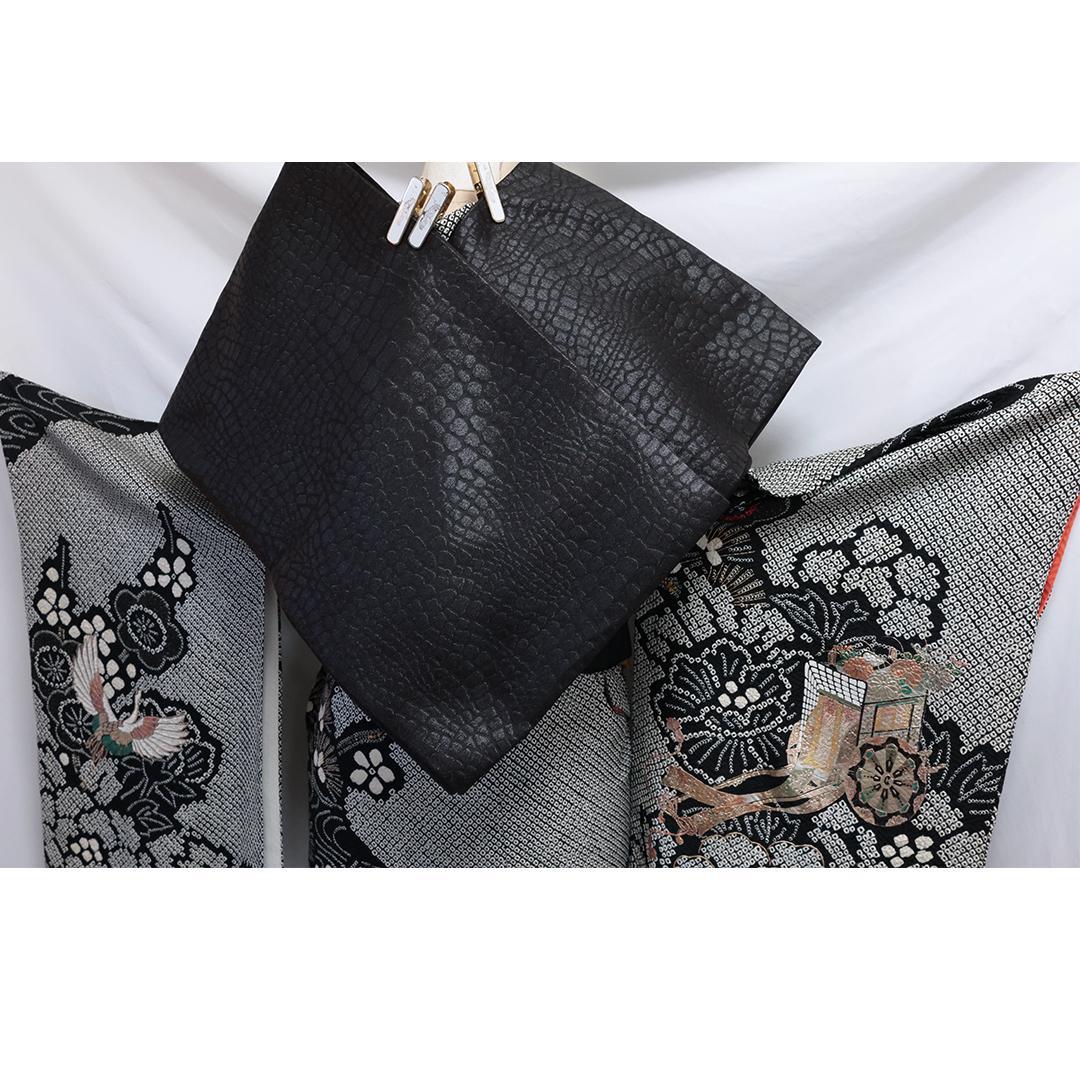 総絞り◆ 振袖6点セット ◆丈165cm成人式正絹黒ブラックフルセットMb34