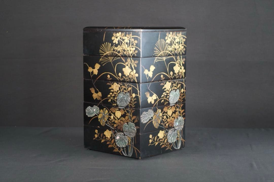 螺鈿細工 蒔絵 木製 五段 重箱 共箱 二枚蓋 時代品 青貝 検) 漆器 輪島塗