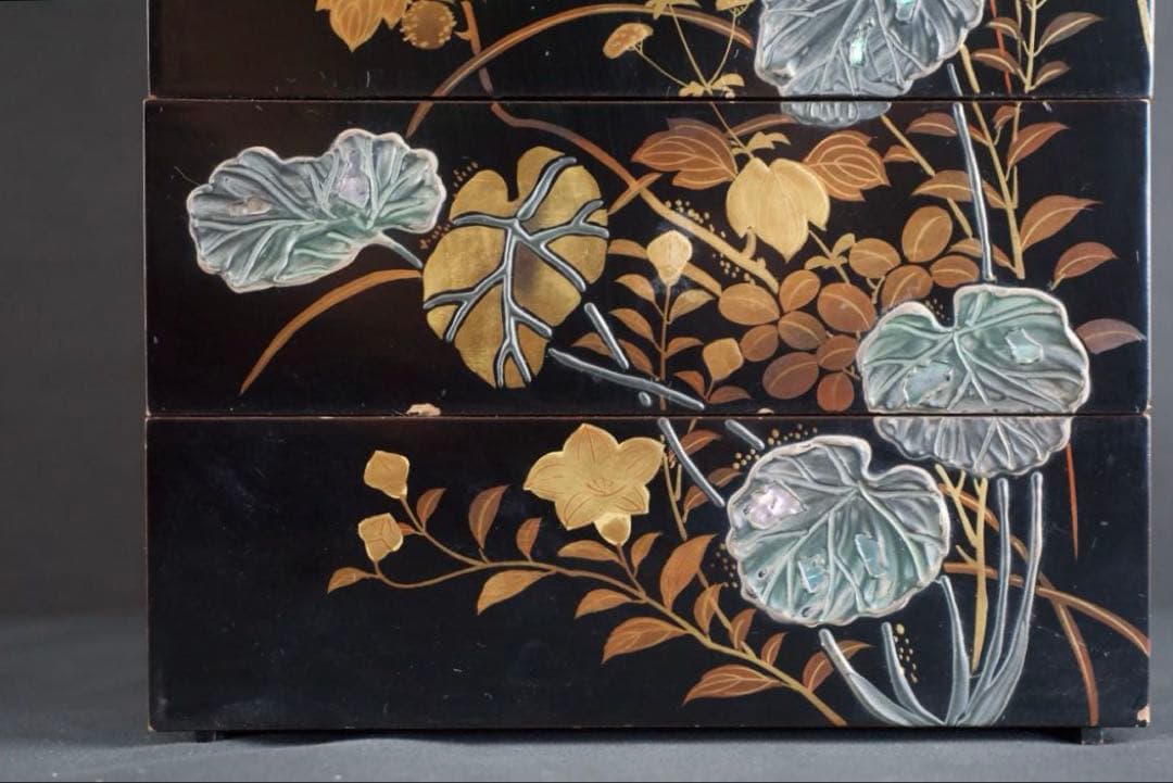 螺鈿細工 蒔絵 木製 五段 重箱 共箱 二枚蓋 時代品 青貝 検) 漆器 輪島塗