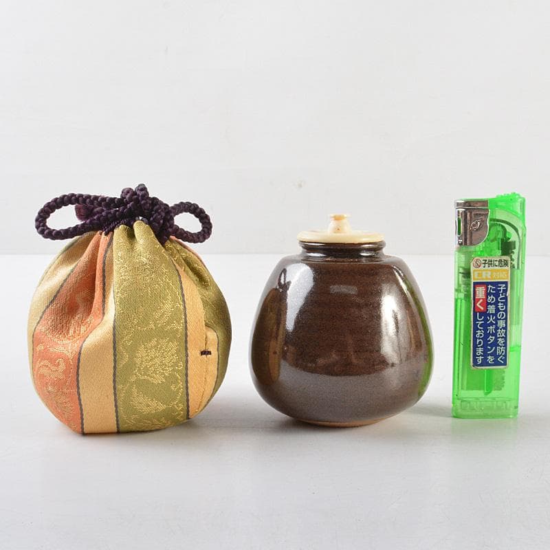 茶道具　京焼　万代草山作　文殊茶入　仕覆付　共箱　V　R6122