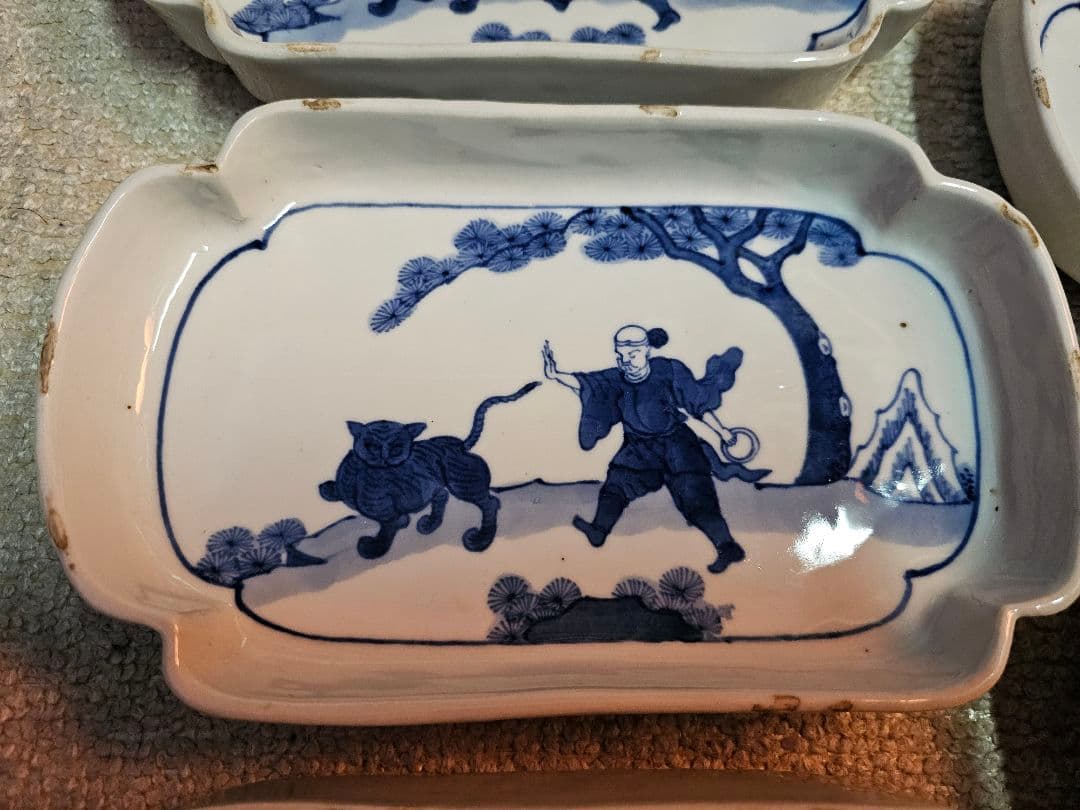 江戸後期 古伊万里 古染付け写し 懐石用 虎に人 5客セット