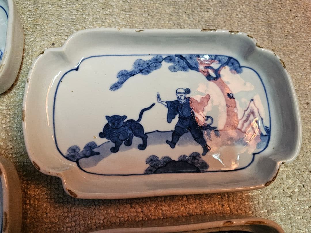 江戸後期 古伊万里 古染付け写し 懐石用 虎に人 5客セット