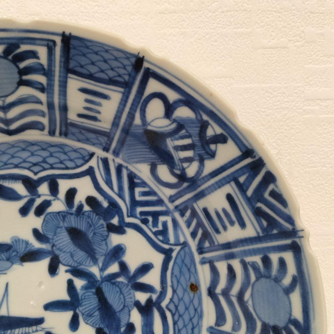 u348-5　中国 清朝期 古染付 芙蓉手 飛蝗文大皿 時代唐物　Q