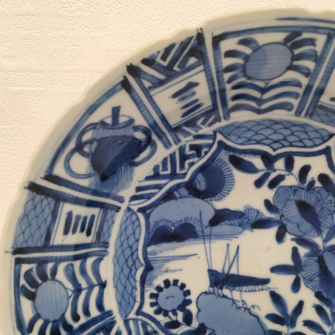 u348-5　中国 清朝期 古染付 芙蓉手 飛蝗文大皿 時代唐物　Q