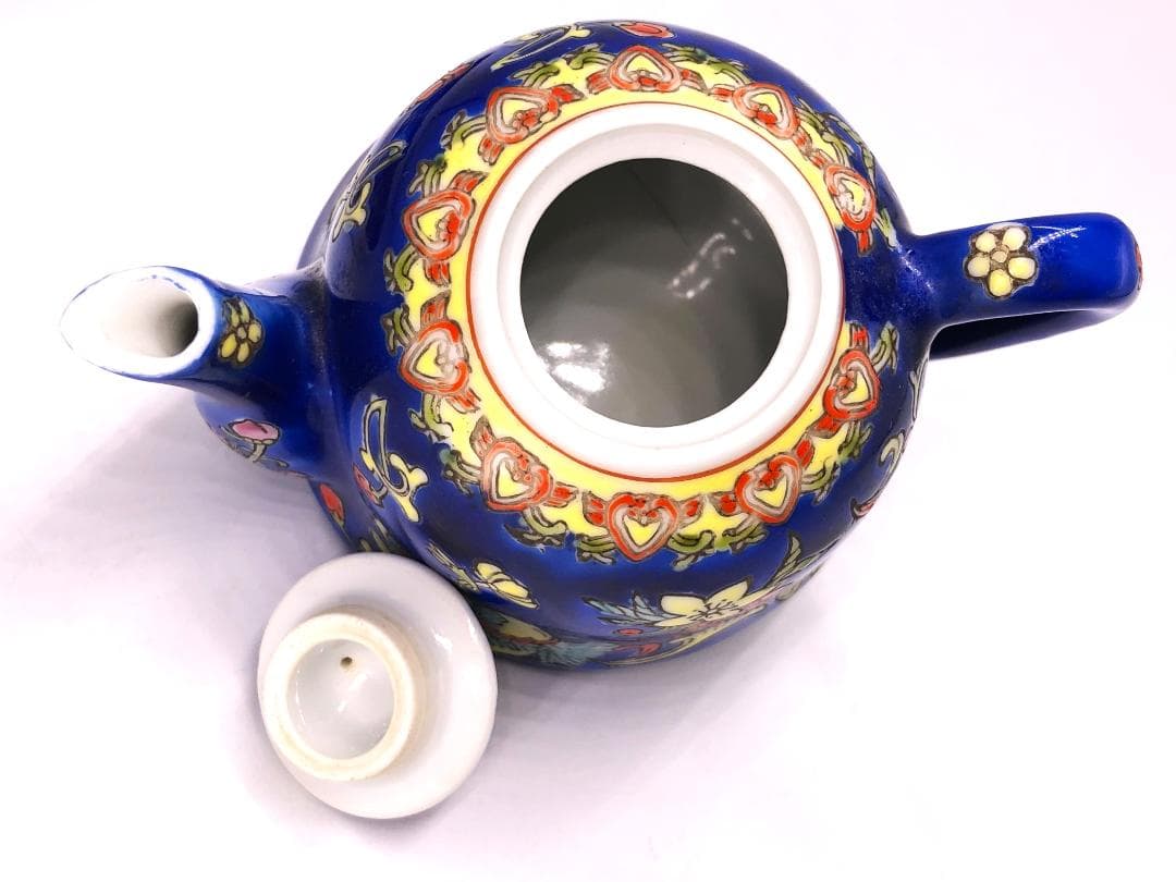 【 乾隆年款ティーポット/トレー 】　五彩獅子唐草花文　蔵出し骨董