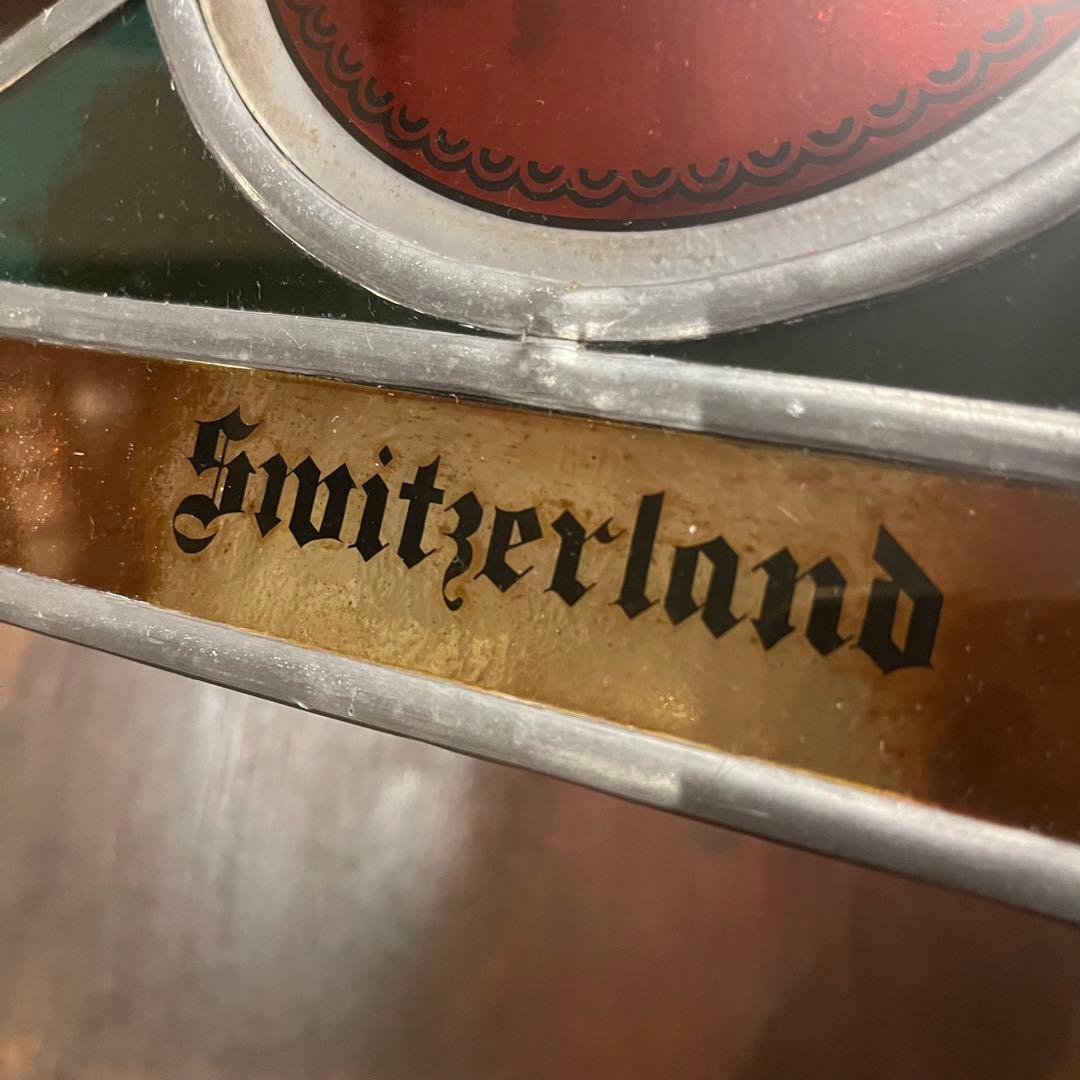 古いステンドグラス　スイス国旗　アンティーク品