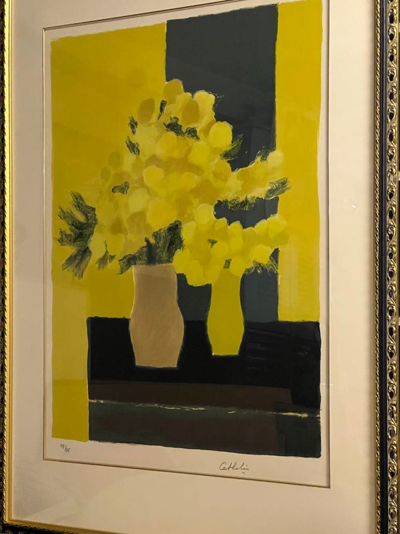 カトラン　黄色と黒の背景のインドバラ　リトグラフ