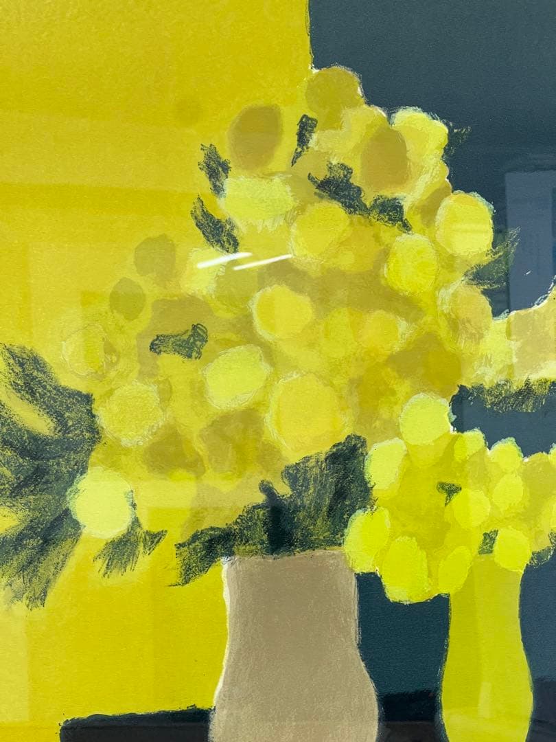 カトラン　黄色と黒の背景のインドバラ　リトグラフ