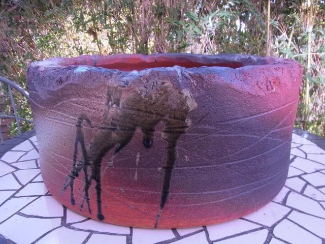 益子焼　垂らし釉　水鉢　金魚鉢　睡蓮鉢　メダカ鉢　陶器　信楽焼　つくばい　骨董