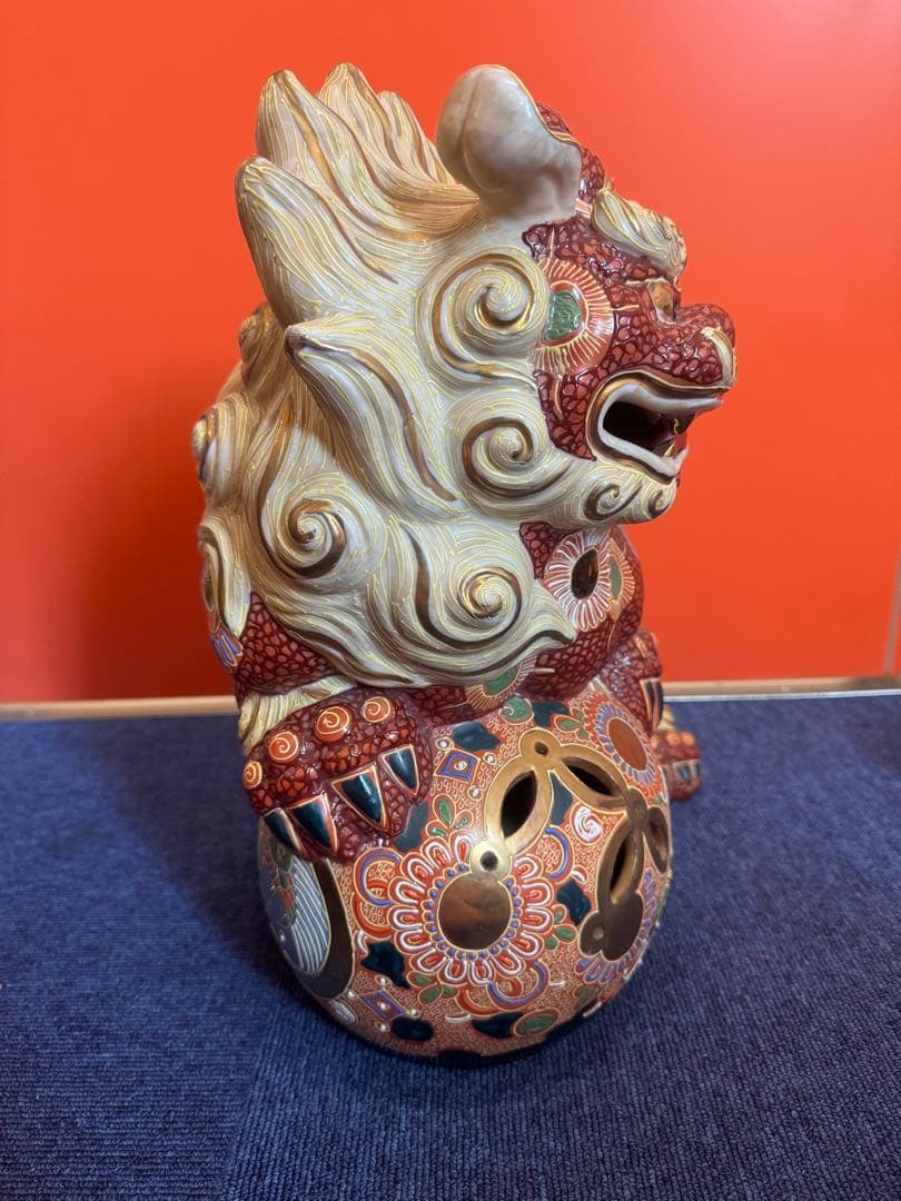 1903 九谷焼 太吉　特大　38cm  玉乗り獅子 狛犬 置物 縁起物