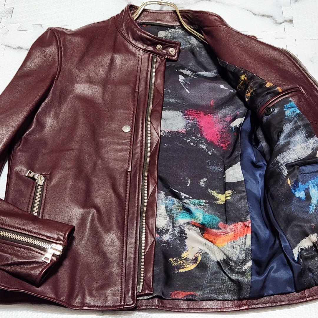 入手困難✨ポールスミス ライダースジャケット 山羊革 裏地総柄 バーガンディ