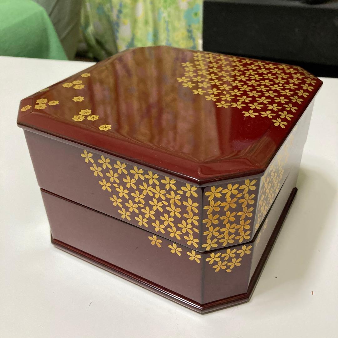 越前塗　桜　重箱　行楽弁当　朱色　二重　名品　昭和レトロ　漆器