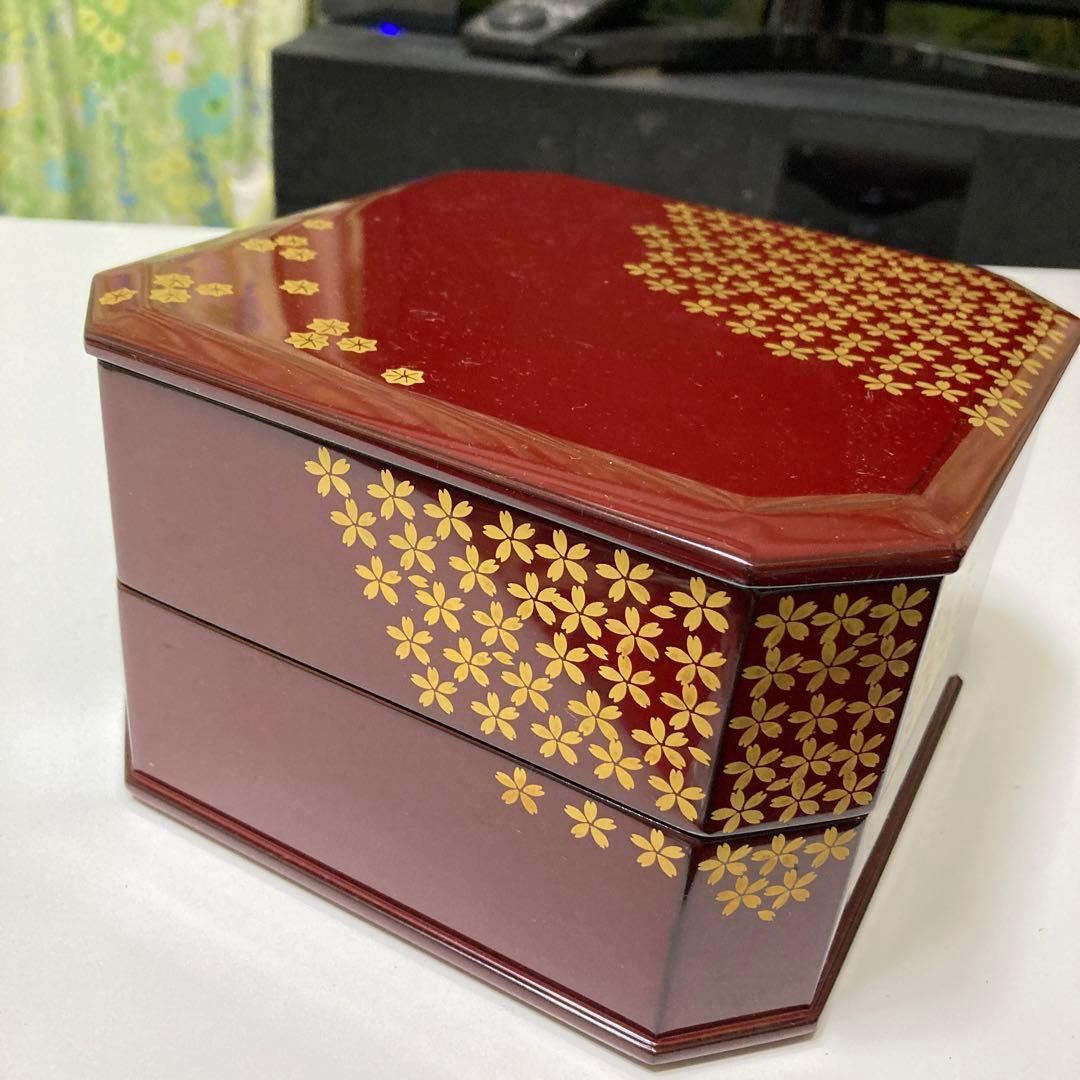 越前塗　桜　重箱　行楽弁当　朱色　二重　名品　昭和レトロ　漆器