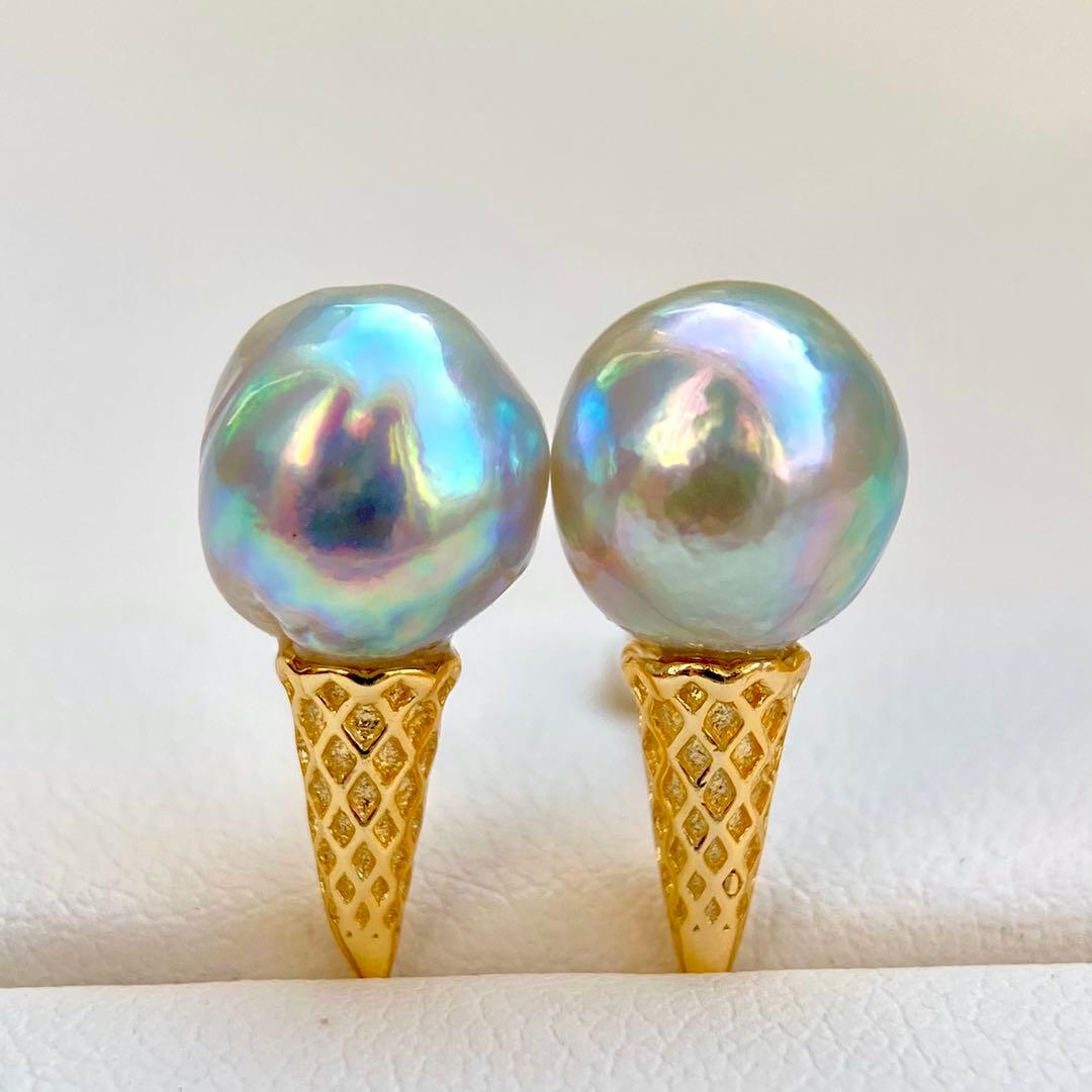 本真珠あこや真珠　青虹色9.5×9㍉s925アイスピアスBL926