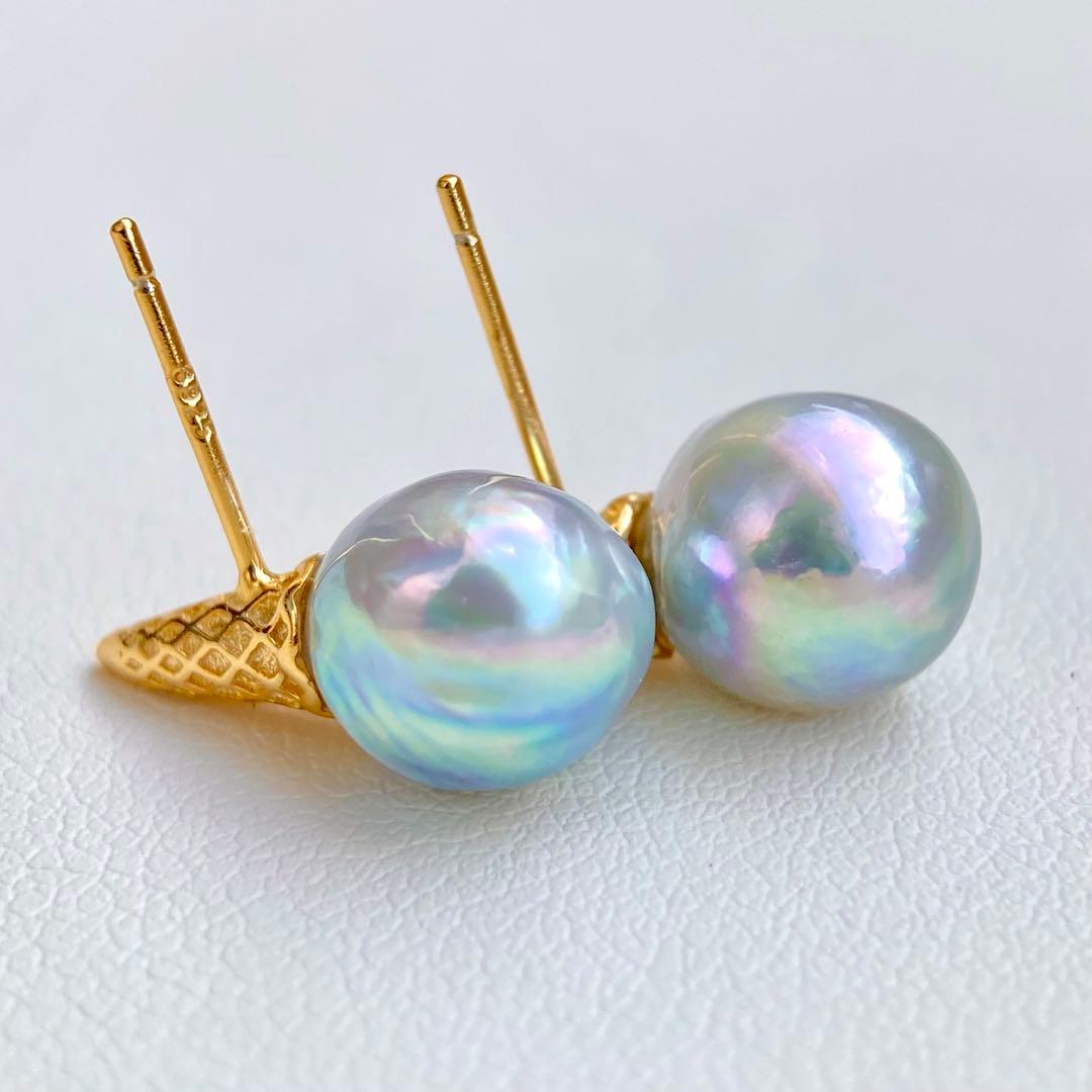 本真珠あこや真珠　青虹色9.5×9㍉s925アイスピアスBL926