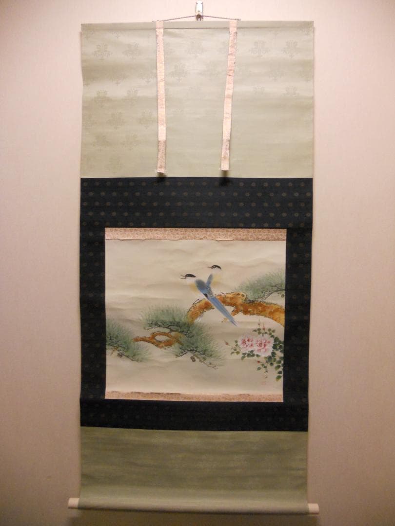 掛け軸 大堂 作 『 不老長春 』 絹本 希少 軸装 茶道具 掛軸 美品 です。