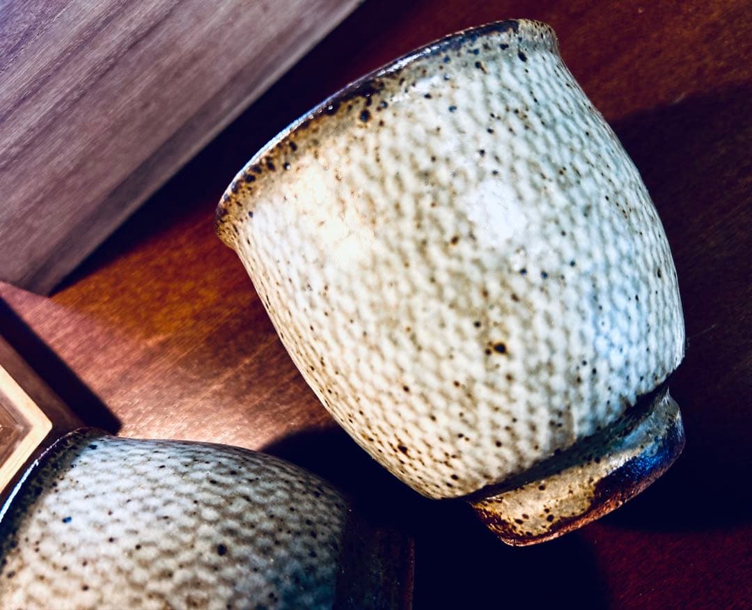 人間国宝　島岡達三　益子焼　象嵌夫婦湯呑み　共箱付き