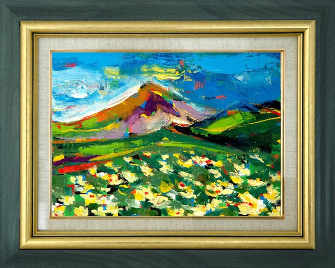 油絵 菅家令子 絵画インテリア額付(青緑＋金色の枠) F4-081011風景高原