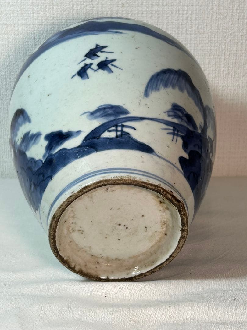 古伊万里　藍九谷染付沈香壷 江戸時代中期〜後期 口縁部朱漆修復