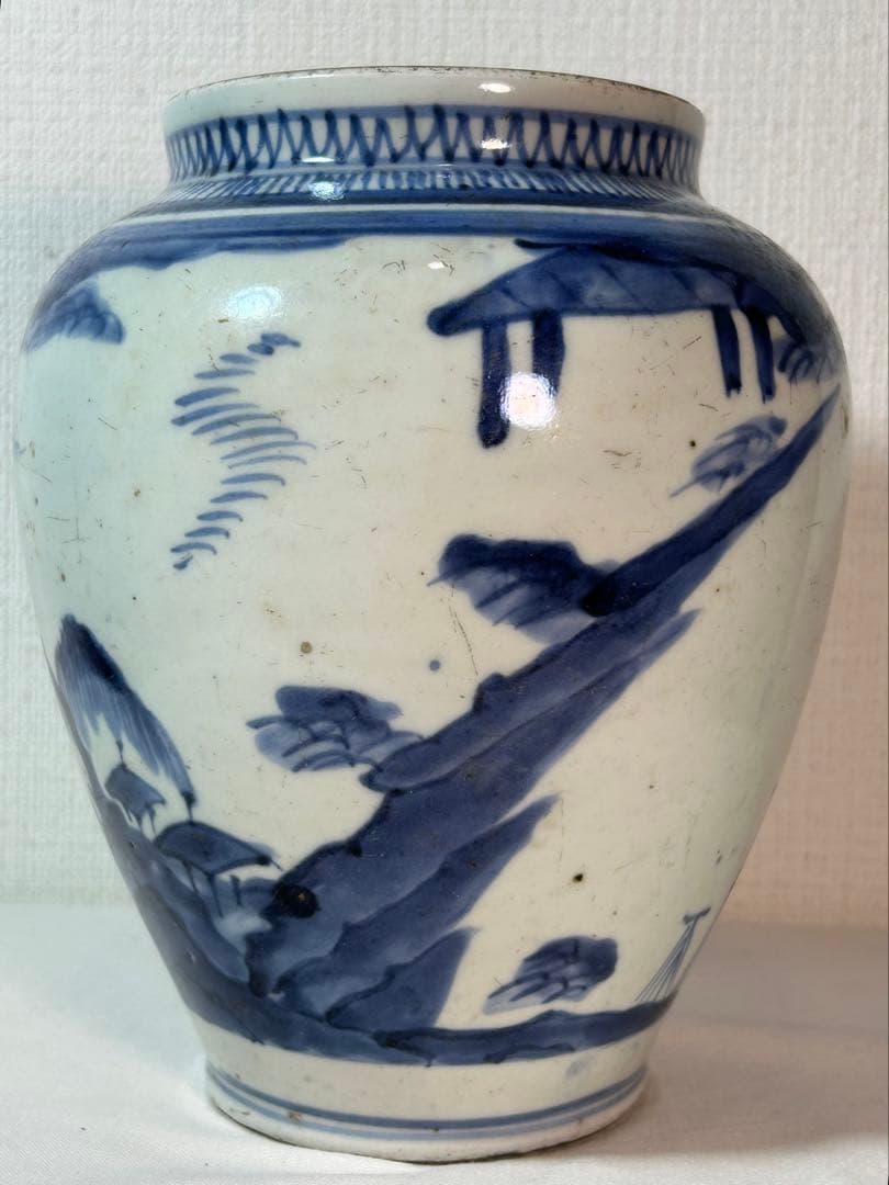 古伊万里　藍九谷染付沈香壷 江戸時代中期〜後期 口縁部朱漆修復