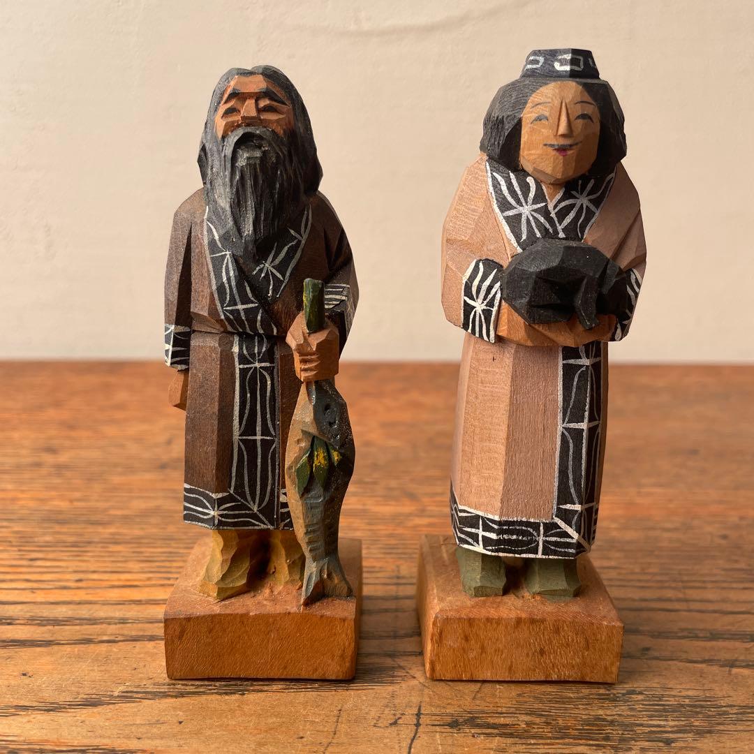 木製 郷土玩具 アイヌ ニポポ 一刀彫り 木端人形 エカシ 男女像 農民美術